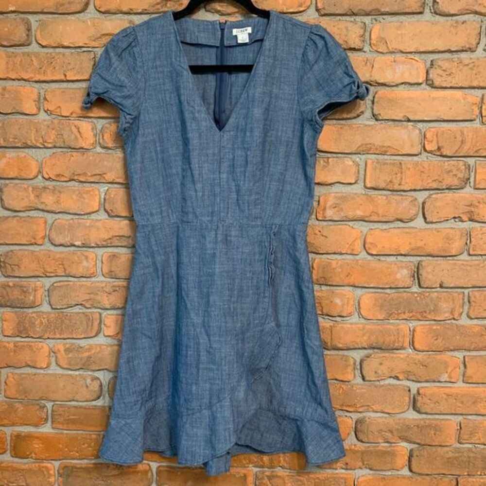 J. Crew Chambray Dress Womens‎ 2 Blue V-Neck Short Sleeve Tie Detail Casual Mini